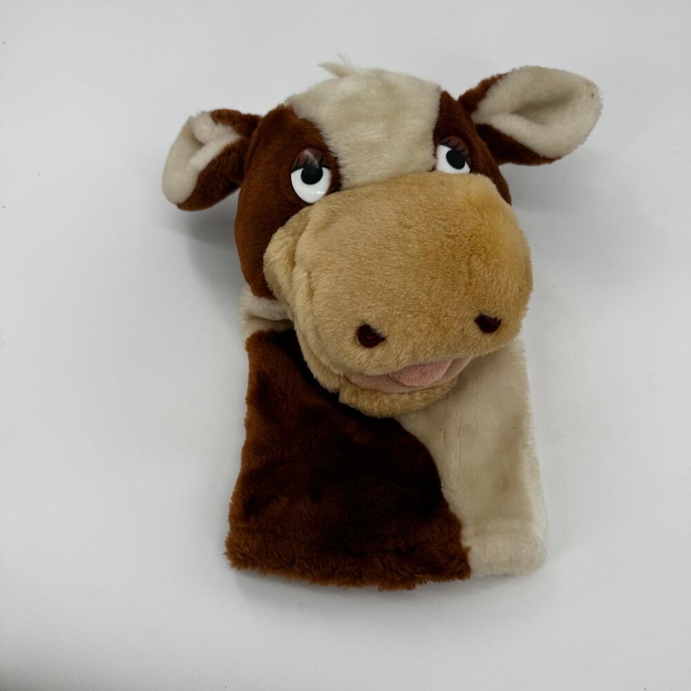 Brown White Moo‎ Cow Hand Puppet Plush Stuffed Animal Children Toys 10"